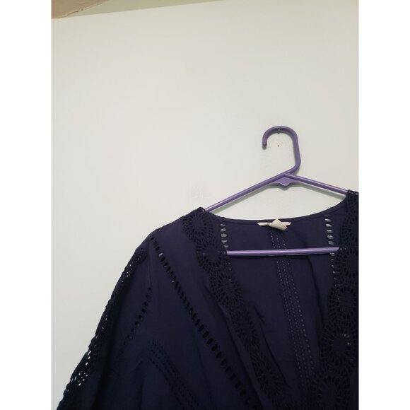 Caslon Womens S Blouse Dark Blue Eyelet Lace V Neck Boho Peplum 100% Cotton NWT - Picture 4 of 6